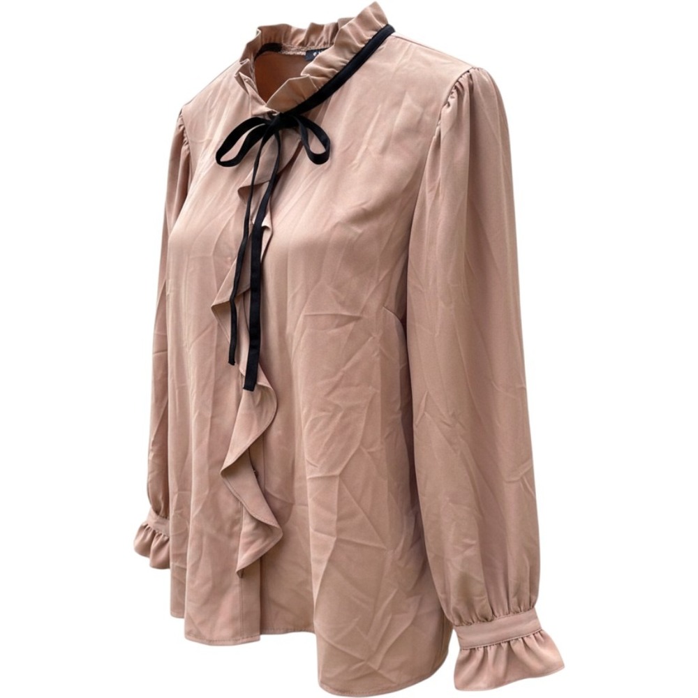 ELOQUII Size 22 Ruffle Collar Bow Tie Blouse Tan Long Sleeve Romantic Workwear